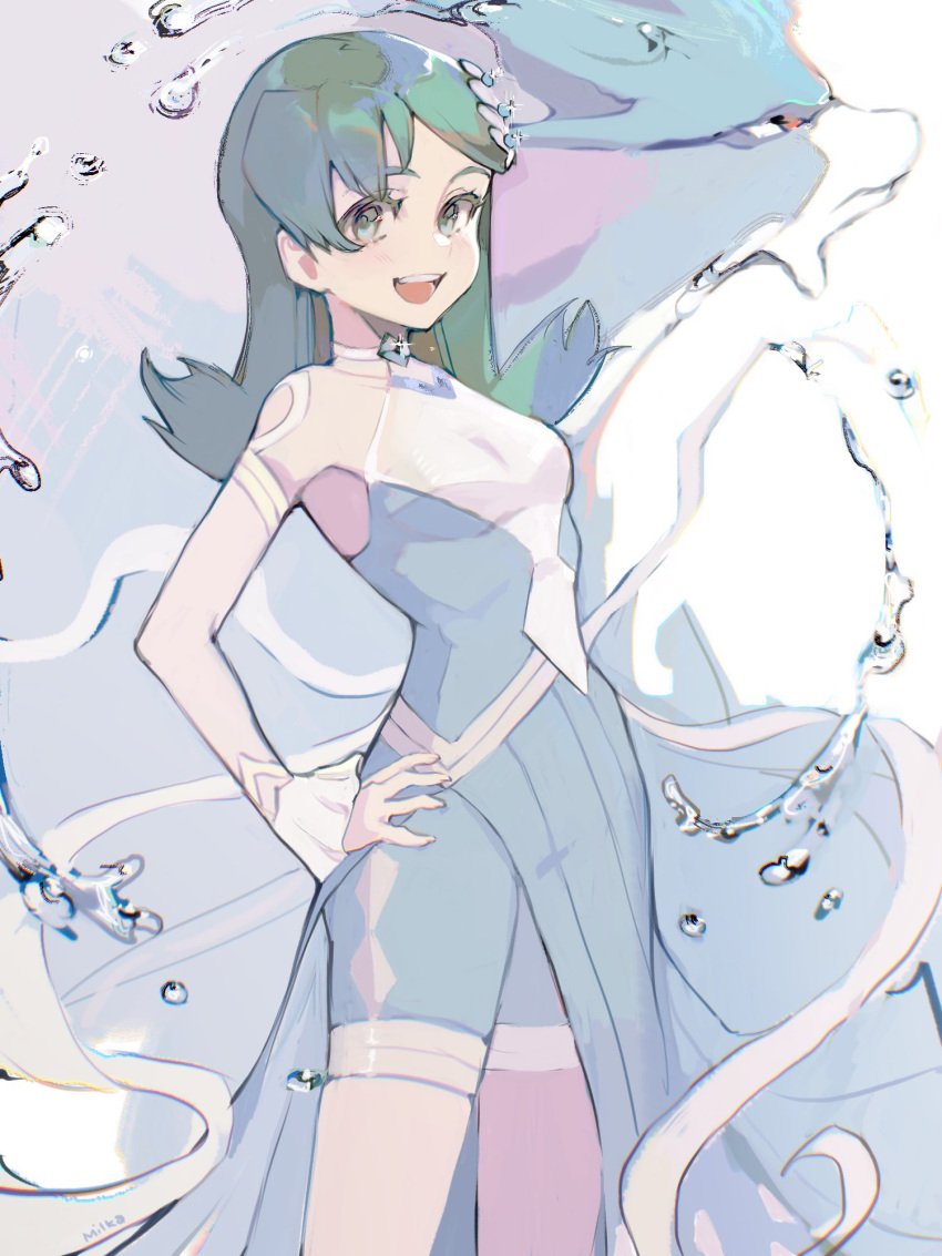 1girl :d bangs breasts commentary detached_sleeves diamond_(shape) dress eyelashes flipped_hair green_eyes green_hair hand_on_hip happy highres kris_(pokemon) long_hair milka_(milk4ppl) official_alternate_costume open_mouth pokemon pokemon_(creature) pokemon_(game) pokemon_masters_ex smile suicune teeth tongue water water_drop