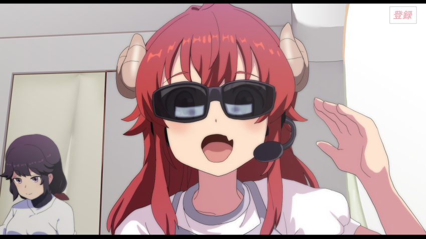 2girls bangs black_hair blush brown_horns commentary_request curled_horns demon_girl demon_horns eyebrows_visible_through_hair fang fuka_(kantoku) headset highres horns letterboxed long_hair looking_at_viewer machikado_mazoku multiple_girls open_mouth parody redhead shirt skin_fang smile sunglasses syamu_game upper_body violet_eyes white_shirt yoshida_seiko yoshida_yuuko_(machikado_mazoku)