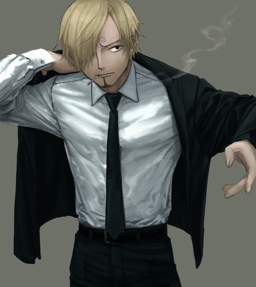 1boy absurdres belt belt_buckle black_eyes black_jacket black_pants blonde_hair buckle cigarette closed_mouth commentary_request cowboy_shot facial_hair grey_background hair_over_one_eye highres holding jacket long_sleeves male_focus mouth_hold necktie one_piece pants sanji shirt short_hair simple_background smoke smoking solo urasanmyaku white_shirt