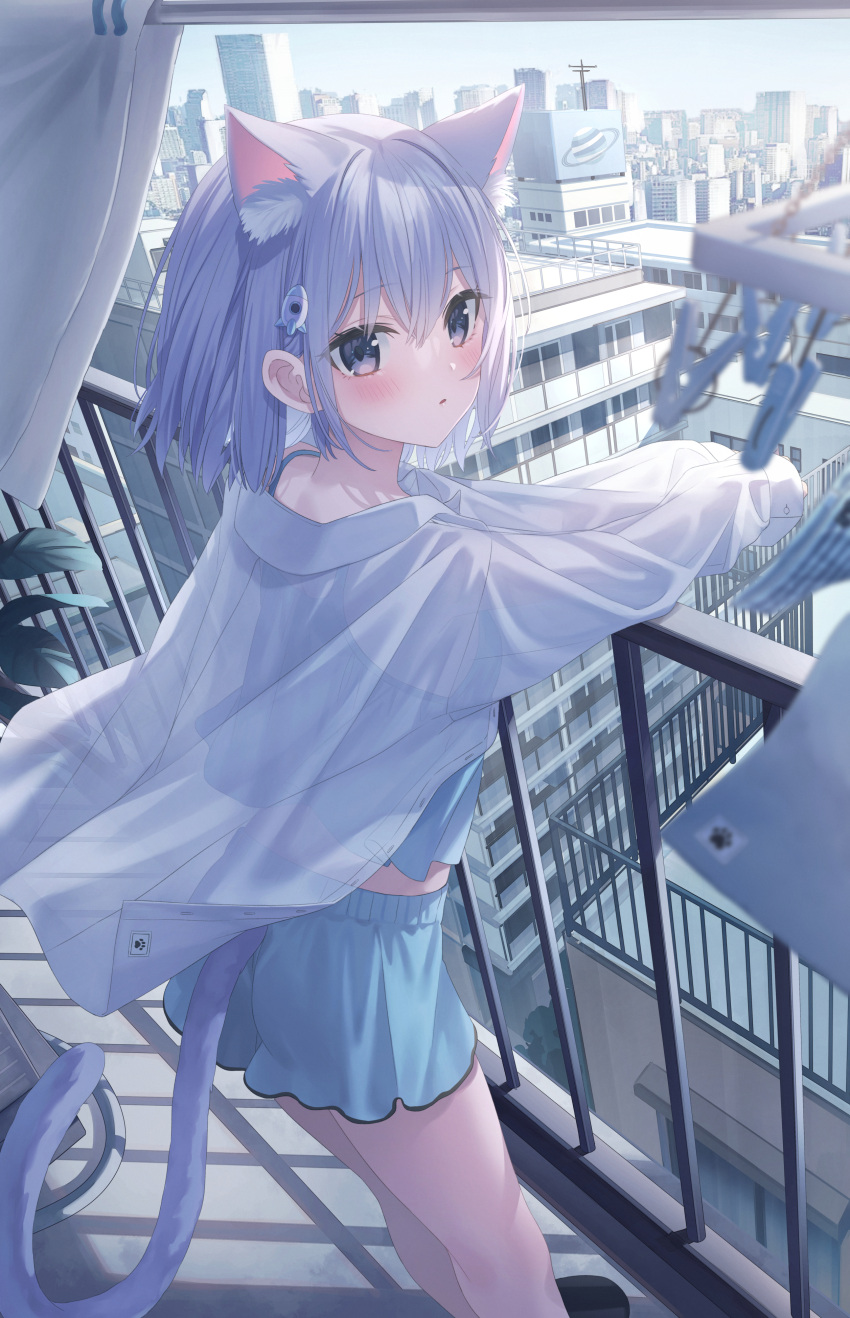 1girl absurdres animal_ears bangs blue_eyes blush cat_ears cat_tail city collared_shirt hair_ornament highres jimmy_madomagi light_blue_hair long_hair looking_at_viewer looking_back original see-through see-through_shirt shirt solo tail white_shirt