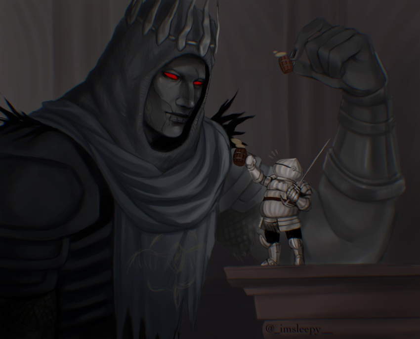 2boys alcohol armor beer black_nails black_pants boots bracer breastplate colored_sclera colored_skin crown dark_souls_(series) dark_souls_iii faulds fingernails full_armor gauntlets giant giant_male grey_skin helmet highres holding holding_sword holding_weapon hood hood_up multiple_boys no_pupils pants red_eyes red_sclera siegward_of_catarina size_difference sleepysolaire smile sword tabard tankard vambraces weapon yhorm_the_giant