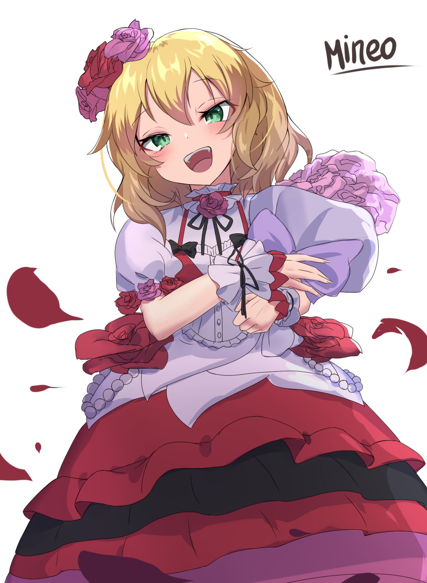 1girl :d absurdres blonde_hair bouquet falling_petals green_eyes heart413 highres holding holding_bouquet idolmaster idolmaster_cinderella_girls looking_at_viewer petals puffy_short_sleeves puffy_sleeves rose_hair_ornament rose_petals sakurai_momoka short_sleeves simple_background smile solo white_background wrist_cuffs
