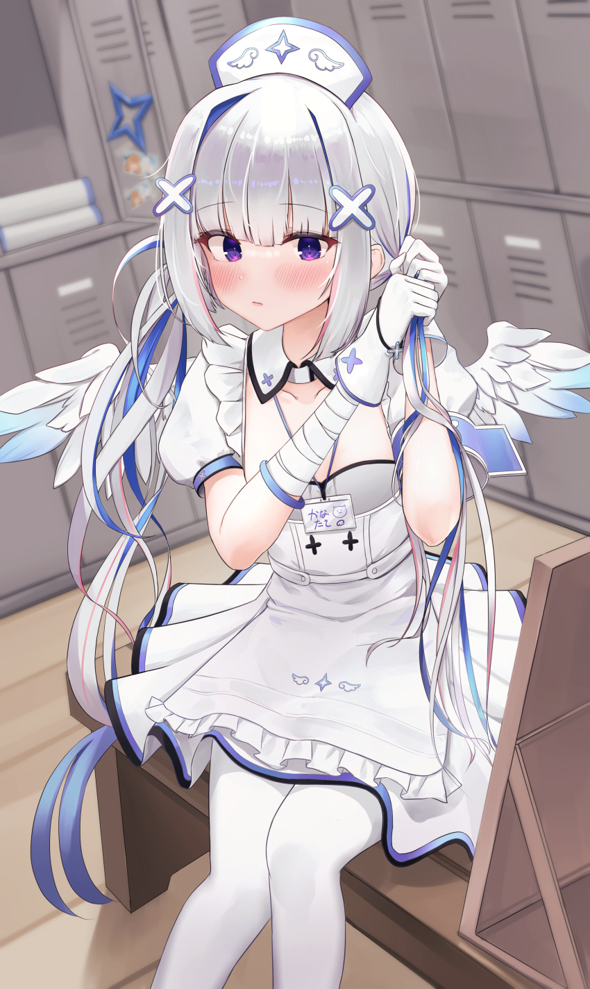 1girl absurdres amane_kanata angel_wings closed_mouth daran9 detached_collar dress feathered_wings frilled_dress frills gloves hat highres hololive id_card locker locker_room long_hair looking_at_viewer multicolored_hair nurse_cap pantyhose short_sleeves sitting solo twintails two-tone_hair tying_hair very_long_hair violet_eyes virtual_youtuber white_dress white_gloves white_hair white_headwear white_legwear wing_collar wings