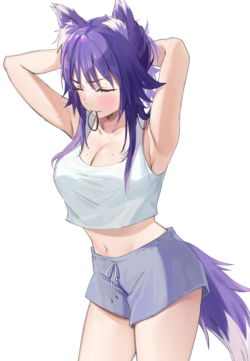 1girl absurdres animal_ear_fluff animal_ears armpits arms_behind_head arms_up bangs blush breasts closed_eyes highres large_breasts makoto_(princess_connect!) medium_hair princess_connect! purple_hair sidelocks solo tail thighs tying_hair wolf_ears wolf_girl wolf_tail yamabuki0