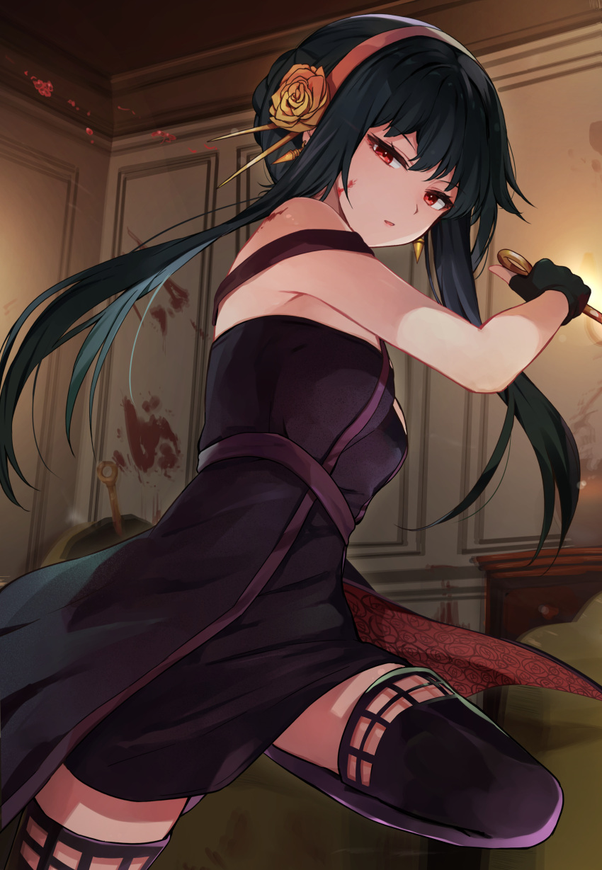 1girl absurdres attack bangs black_dress black_gloves black_hair blood blood_on_face blood_on_wall breasts dagger dress earrings fingerless_gloves floating_hair floral_print flower gloves gold_earrings gold_hairband hair_flower hair_ornament hand_up highres holding holding_dagger holding_weapon jewelry knife leg_up long_hair looking_at_viewer medium_breasts racchi. red_eyes rose rose_print sidelocks solo spikes spy_x_family thigh-highs two-sided_dress two-sided_fabric weapon yor_briar zettai_ryouiki