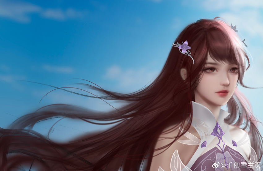 1girl absurdres bibi_dong_(douluo_dalu) blue_sky collar douluo_dalu dress expressionless from_side hair_ornament hairpin highres long_hair looking_to_the_side qian_renxue_zhuye sky solo upper_body