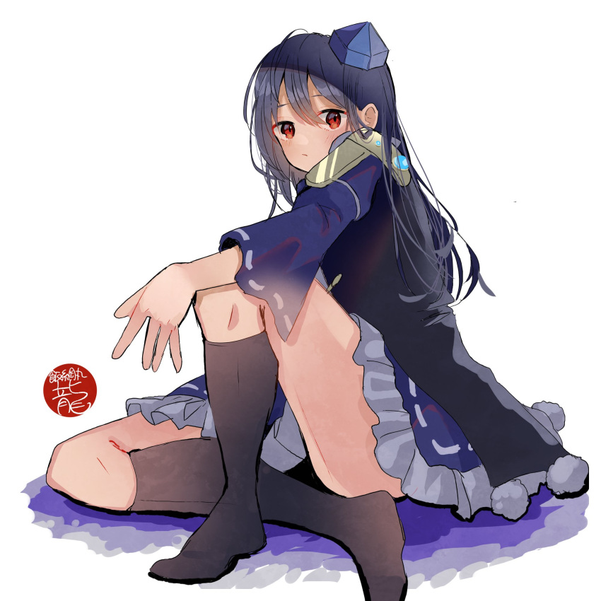 1girl :/ black_legwear blue_dress blue_hair dress frilled_dress frills gem hat highres iizunamaru_megumu juliet_sleeves kneehighs long_hair long_sleeves no_shoes one-hour_drawing_challenge pom_pom_(clothes) puffy_sleeves red_eyes ribbon_trim shoulder_guard sitting sleeveless_coat solo surcoat tamagogayu1998 tengu tokin_hat touhou wide_sleeves