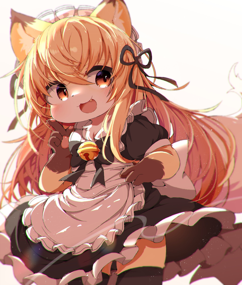 1girl :3 absurdres animal_ear_fluff animal_ears apron bell black_dress black_legwear blonde_hair brown_eyes dress fang finger_to_cheek fox_ears fox_girl fox_tail furry furry_female highres jingle_bell long_hair maid maid_headdress nefraito open_mouth original ribbon smile solo tail thigh-highs white_apron