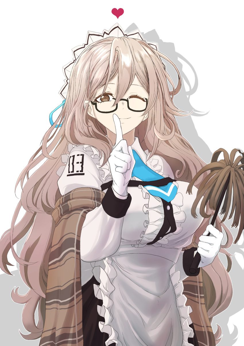 1girl absurdres akane_(blue_archive) apron bangs black-framed_eyewear blue_archive blue_necktie blue_ribbon blue_sky blush breasts brown_eyes brown_hair bursting_breasts clouds commentary day dress floating_hair frills from_side glasses gloves hair_behind_ear hair_between_eyes hair_ribbon hair_tucking halo hands_up highres indoors large_breasts light_particles long_hair long_sleeves looking_at_viewer looking_to_the_side maid maid_headdress necktie plaid_shawl revision ribbon riffle_hunter shawl sideways_glance sky smile solo upper_body very_long_hair waist_apron white_apron white_gloves