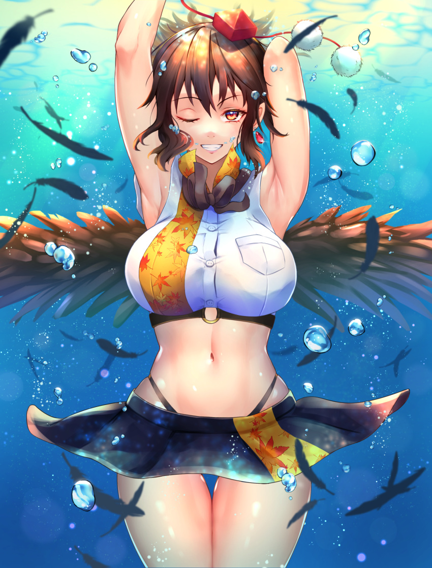 1girl ;d adapted_costume arm_behind_head armpits arms_up black_bow black_hair black_panties black_skirt black_wings bow breasts cowboy_shot crop_top earrings feathered_wings feathers grin hat highleg highleg_panties highres hip_focus jewelry large_breasts looking_at_viewer medium_hair midriff miniskirt navel one_eye_closed panties pom_pom_(clothes) puck100ml red_eyes shameimaru_aya shirt skirt sleeveless sleeveless_shirt smile solo thigh_gap thighs tokin_hat touhou underwater underwear white_shirt wings