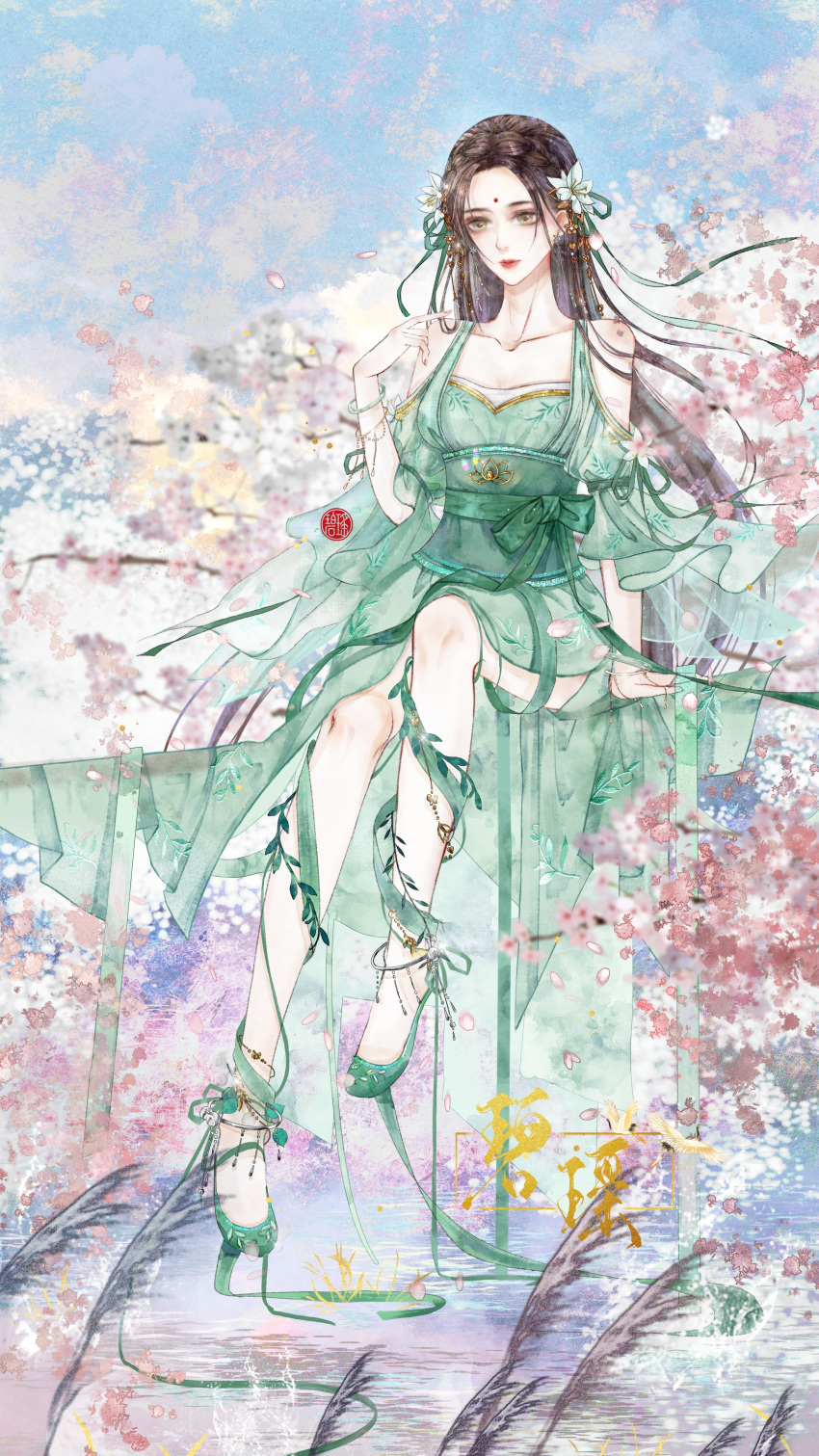 1girl absurdres baiguio_(zhu_xian) bare_shoulders bi_yao_zhuye dress expressionless facial_mark flower forehead_mark full_body green_dress hair_flower hair_ornament high_heels highres reeds sash sitting solo water zhu_xian