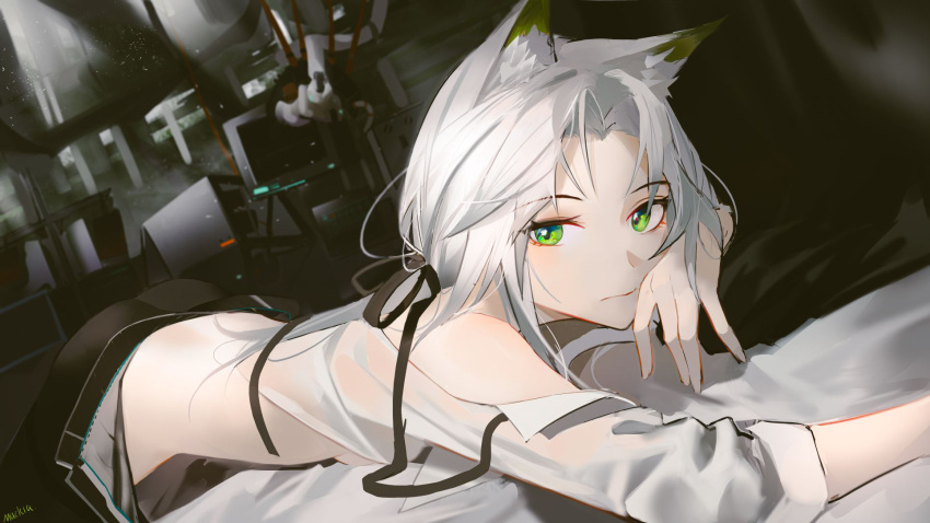 1girl animal_ears arknights bangs bare_shoulders black_pants black_ribbon breasts cat_ears chinese_commentary closed_mouth commentary_request computer eyebrows_visible_through_hair green_eyes hair_ribbon head_on_hand highres kal'tsit_(arknights) light light_particles long_hair looking_at_viewer lying machinery mackia monitor on_bed on_stomach open_pants pants parted_bangs ponytail ribbon see-through see-through_shirt shadow shirt sideboob small_breasts solo white_hair white_shirt