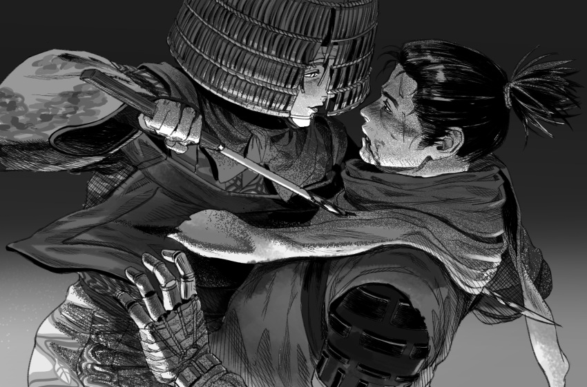 1boy 1girl blood bucket bucket_on_head dagger eye_contact from_side greyscale highres holding holding_dagger holding_weapon japanese_clothes kimono knife looking_at_another monochrome o'rin_of_the_water obi object_on_head parted_lips ponytail profile sash sekiro sekiro:_shadows_die_twice short_ponytail smile ssanghwa_tang1 stab weapon