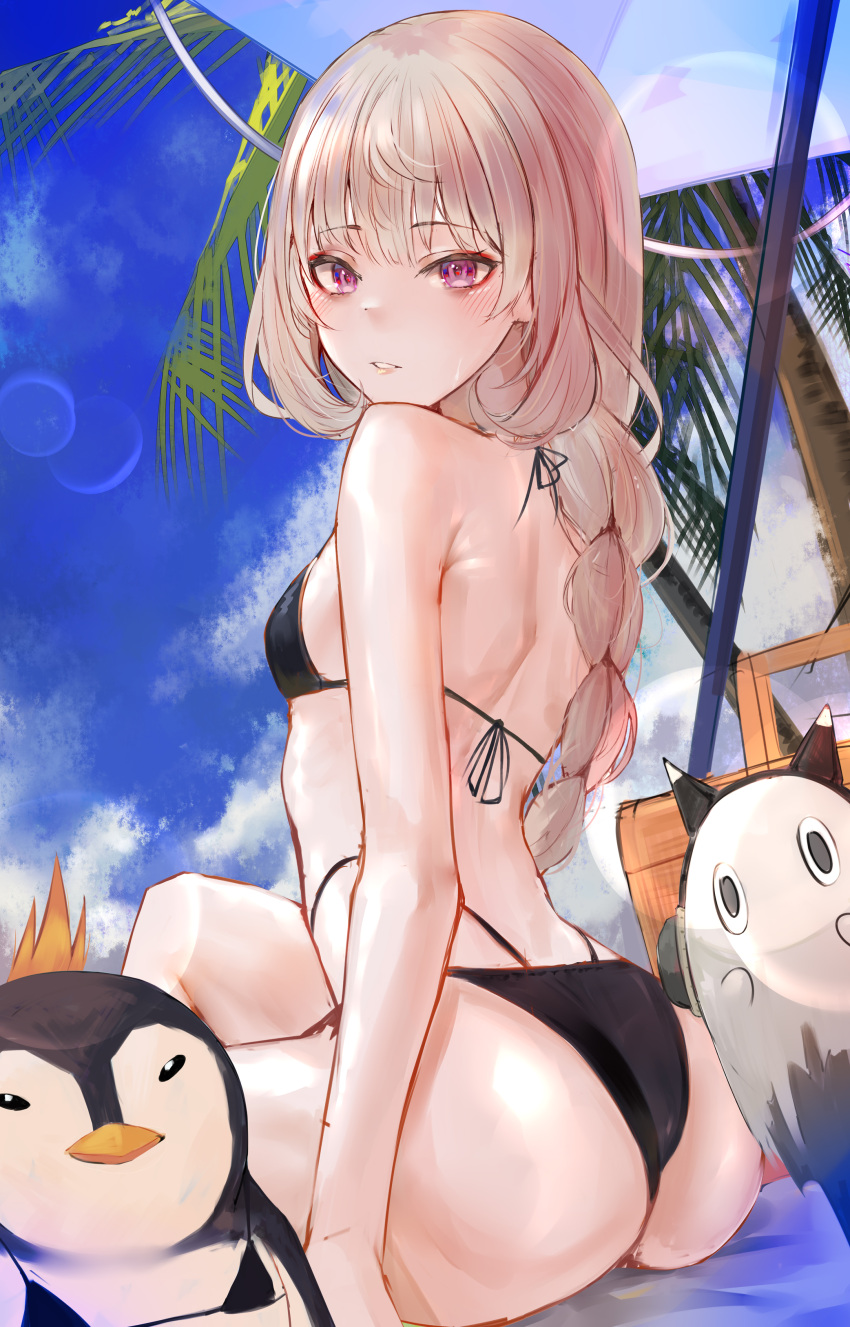 1girl absurdres ass beach_umbrella bikini bird black_bikini blonde_hair blue_sky braid breasts day from_behind highres long_hair looking_at_viewer looking_back naokomama nijisanji nijisanji_en outdoors penguin reimu_endou shiny shiny_hair shiny_skin single_braid sitting sky small_breasts solo swimsuit umbrella violet_eyes