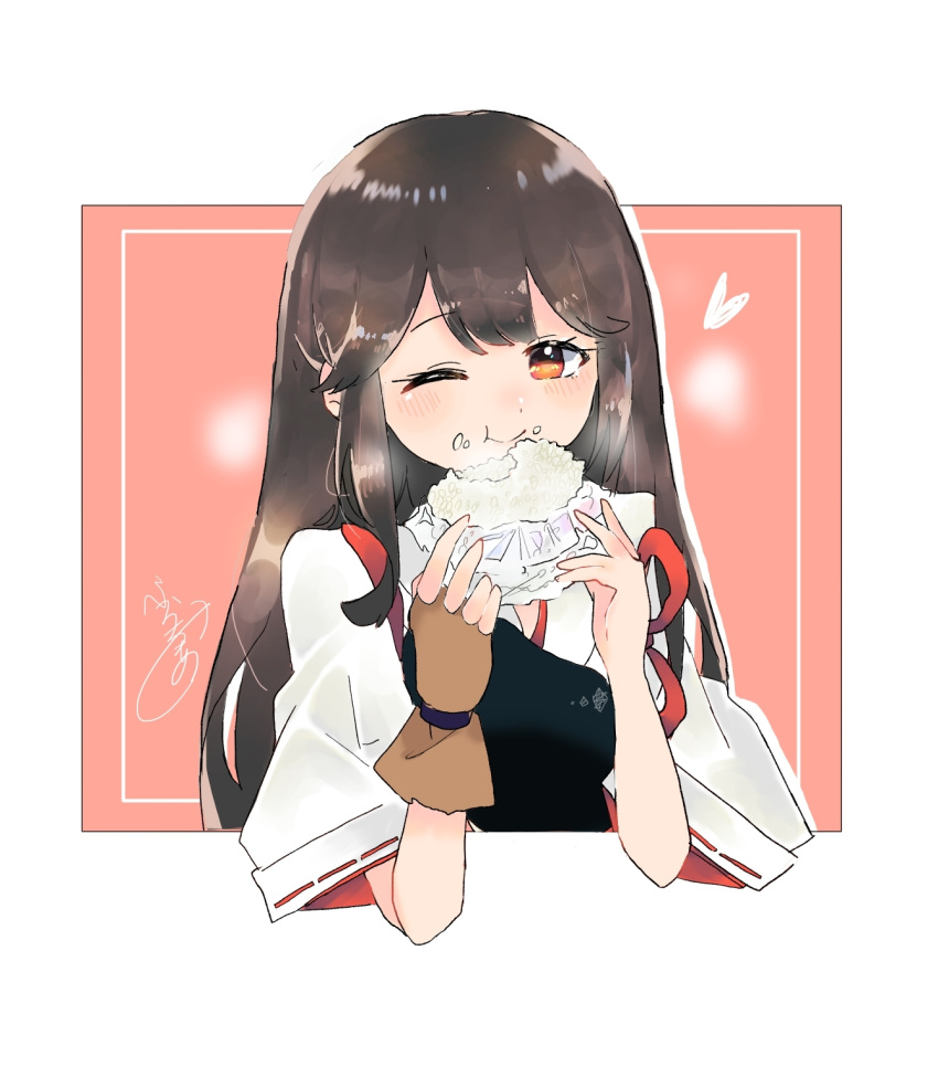 1girl akagi_(kancolle) blush brown_eyes brown_gloves brown_hair closed_mouth eating food food_on_face furochia gloves hair_between_eyes heart highres holding holding_food japanese_clothes kantai_collection long_hair muneate one_eye_closed onigiri partially_fingerless_gloves signature smile solo tasuki upper_body yugake