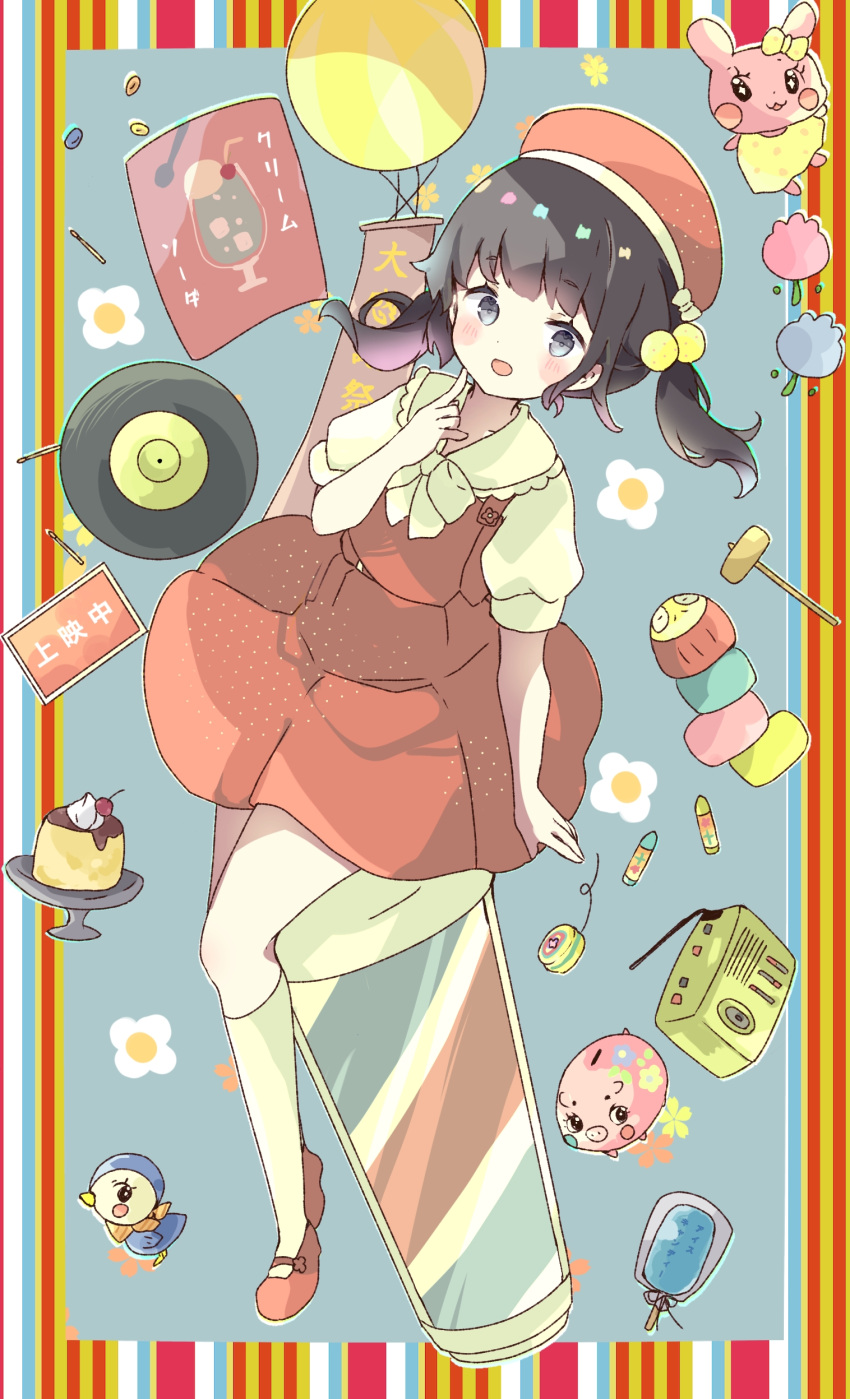 1girl :d absurdres beret black_hair blush collared_shirt commentary_request dress full_body grey_eyes hair_bobbles hair_ornament hand_up hat highres kneehighs long_hair looking_at_viewer original piggy_bank puffy_short_sleeves puffy_sleeves radio record red_dress red_footwear red_headwear shirt shoes short_sleeves sleeveless sleeveless_shirt smile solo tsukiyo_(skymint) twintails white_legwear yellow_shirt