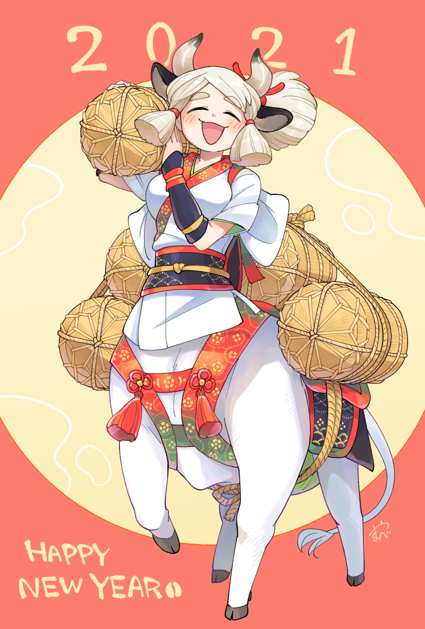 1girl 2021 animal_ears centauroid chinese_clothes chinese_zodiac closed_eyes cow_ears cow_girl cow_horns facing_viewer full_body highres holding hooves horns monster_girl new_year open_mouth original over_shoulder ox_girl ponytail red_background short_hair sidelocks solo taur thick_eyebrows white_fur white_hair yamanobe_saya yellow_background