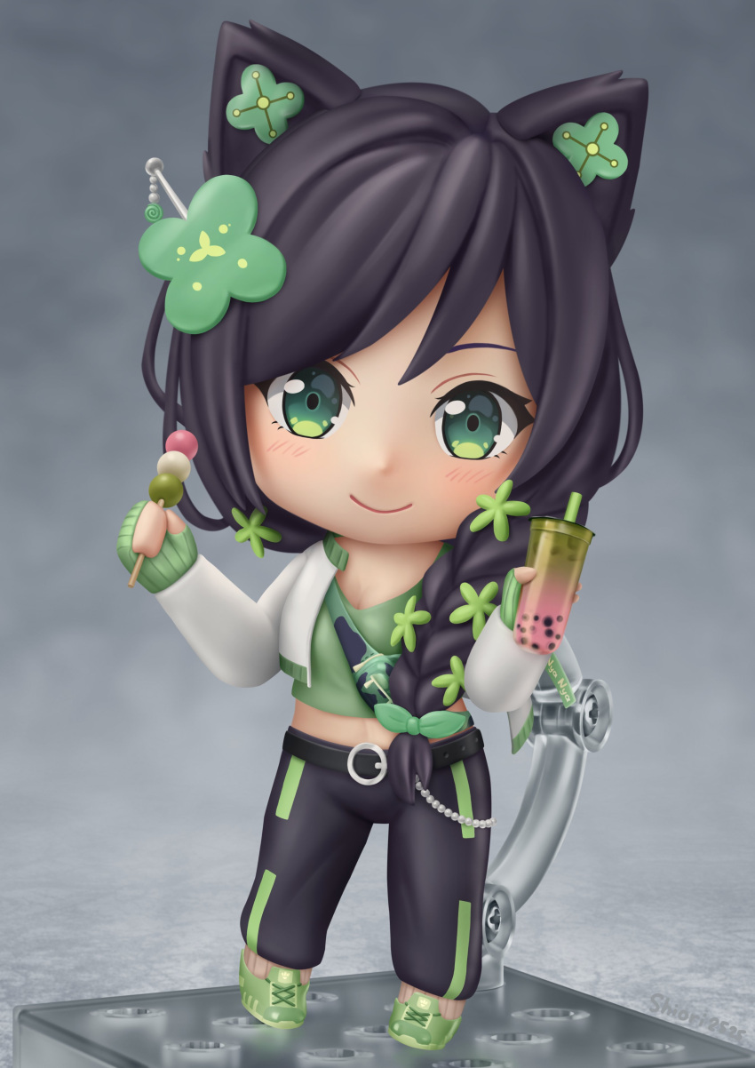 1girl absurdres animal_ears black_hair black_pants blush braid cat_ears character_request chibi closed_mouth commission crop_top dango faux_figurine fingerless_gloves food full_body gloves green_eyes green_footwear green_gloves green_shirt highres indie_virtual_youtuber long_sleeves medium_hair nendoroid pants second-party_source shiori2525 shirt shoes single_braid smile sneakers solo virtual_youtuber wagashi