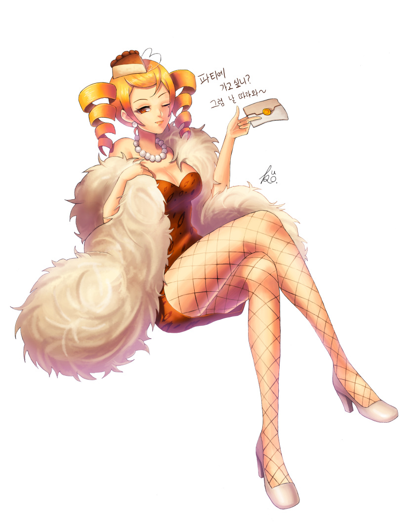 1girl :d absurdres animal_print bangs bare_shoulders beads blonde_hair blush bracelet breasts brown_dress brown_eyes cake cheesecake_cookie cookie_run cropped_legs curly_hair dress earrings envelope feather_boa fishnet_legwear fishnets food food_on_head head_tilt highres holding humanization jewelry kuro_(ning2763) leopard_print looking_at_viewer mole mole_under_eye necklace object_on_head open_mouth pantyhose parted_bangs pearl_necklace polka_dot short_dress short_twintails signature simple_background small_breasts smile solo standing strapless strapless_dress swept_bangs thigh_gap twintails white_background
