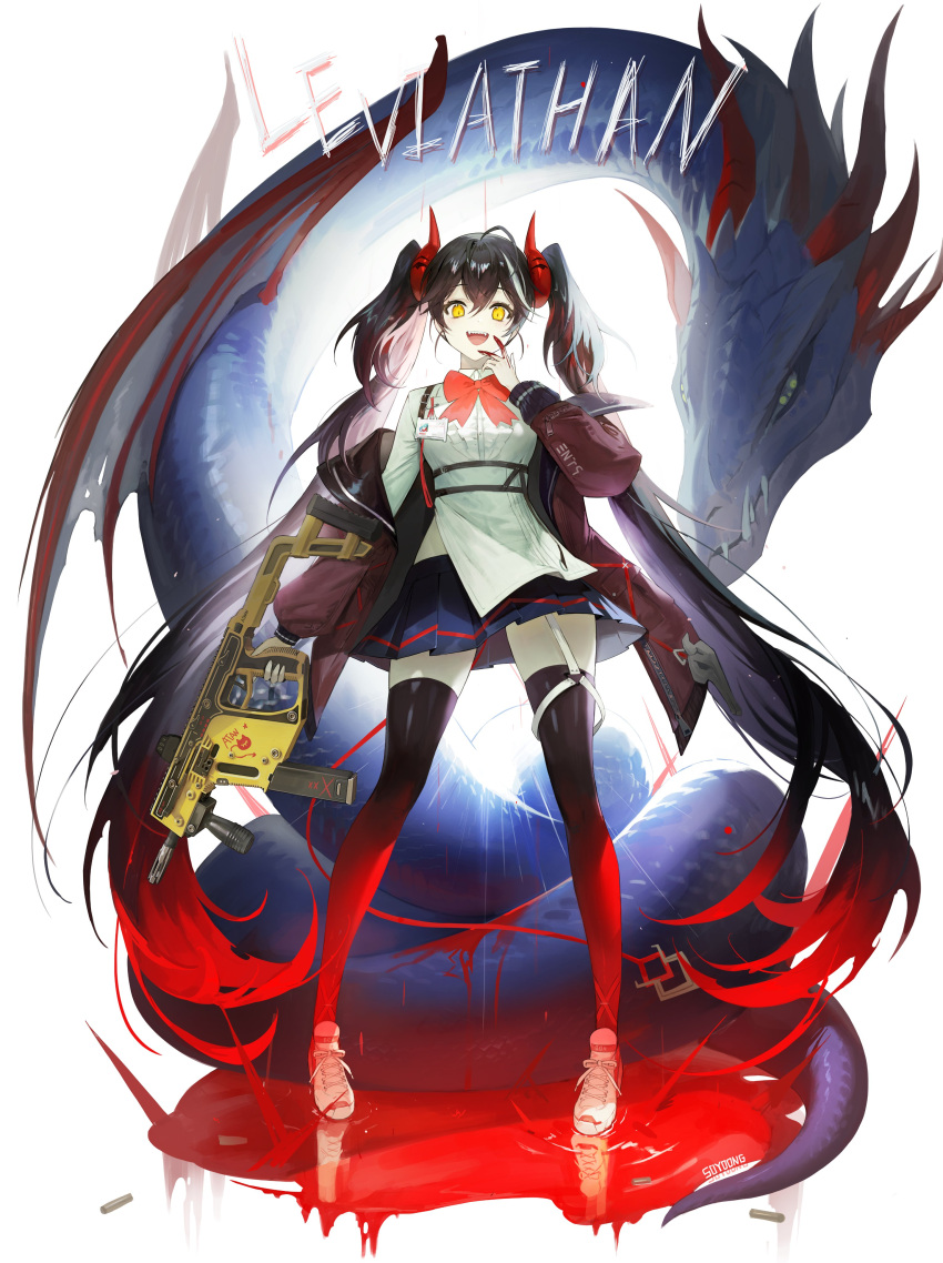 1girl absurdres antenna_hair black_hair black_legwear blood blood_on_hands blue_skirt bow check_copyright closed_mouth coat copyright_request english_text eyebrows_visible_through_hair fangs fins frills grey_hair gun hair_between_eyes highres holding holding_gun holding_weapon horns id_card long_hair monster multicolored_hair open_clothes open_coat open_mouth original puddle_of_blood purple_coat red_bow red_horns reflection sea_monster sharp_teeth shoes signature skirt skull smile sneakers soyoong_jun spikes standing streaked_hair teeth thigh-highs triangle twintails upper_teeth very_long_hair weapon white_footwear yellow_eyes zipper zipper_pull_tab