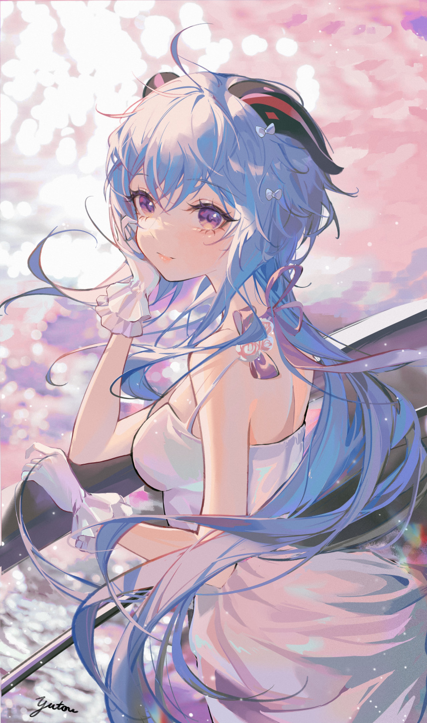 1girl absurdres bangs bare_shoulders blue_hair bow breasts dress frilled_gloves frills ganyu_(genshin_impact) genshin_impact gloves hair_bow highres horns long_hair looking_at_viewer purple_bow purple_ribbon ribbon smile solo sundress violet_eyes white_bow white_dress white_gloves yutou75