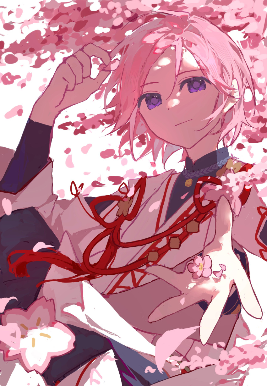 1boy absurdres cherry_blossoms closed_mouth ensemble_girls! flower hair_between_eyes highres holding holding_petal japanese_clothes linglingzhong3 looking_at_viewer male_focus open_hand oukawa_kohaku petals pink_flower pink_hair pink_theme smile solo violet_eyes wide_sleeves