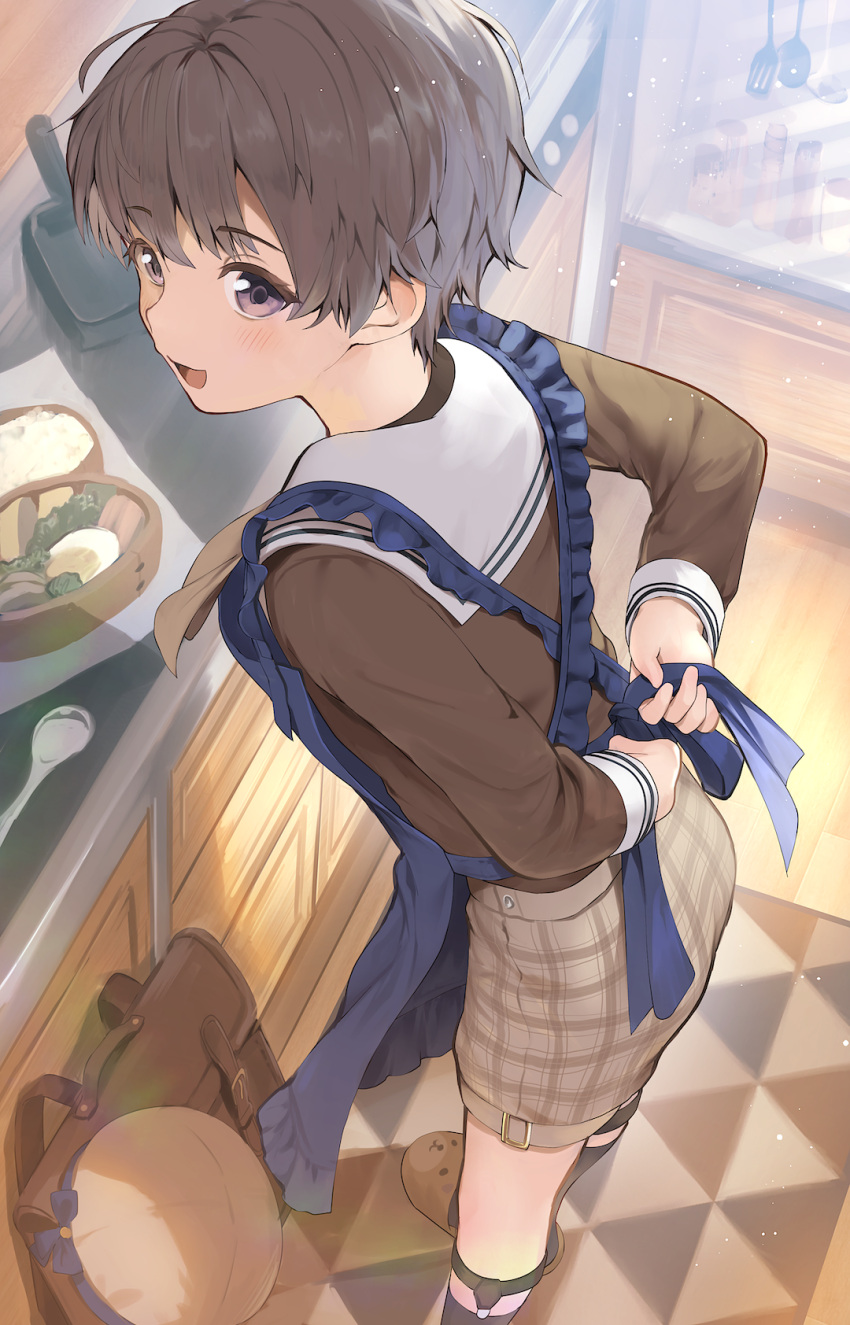 1boy apron bear_slippers bento blue_apron brown_hair brown_shirt cocolo_(co_co_lo) drawer from_above hat hat_removed headwear_removed highres kitchen looking_at_viewer male_focus original plaid plaid_shorts sailor_collar shirt short_hair shorts slippers smile sock_garters socks solo spoon tying_apron