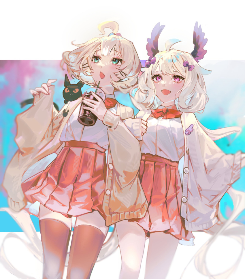 1other 2girls :o absurdly_long_hair ahoge animal_on_shoulder bell bird_girl black_cat black_legwear blonde_hair blue_hair bob_cut border bow brown_cardigan bubble_tea cardigan cat enna_alouette gear_(gear_990) green_eyes hair_bow hair_ornament hairclip head_wings highres jingle_bell long_hair looking_up lucie_(millie_parfait) millie_parfait multicolored_hair multiple_girls nijisanji nijisanji_en purple_bow red_skirt school_uniform shirt short_hair skirt sky smile thigh-highs very_long_hair violet_eyes virtual_youtuber white_shirt witch zettai_ryouiki