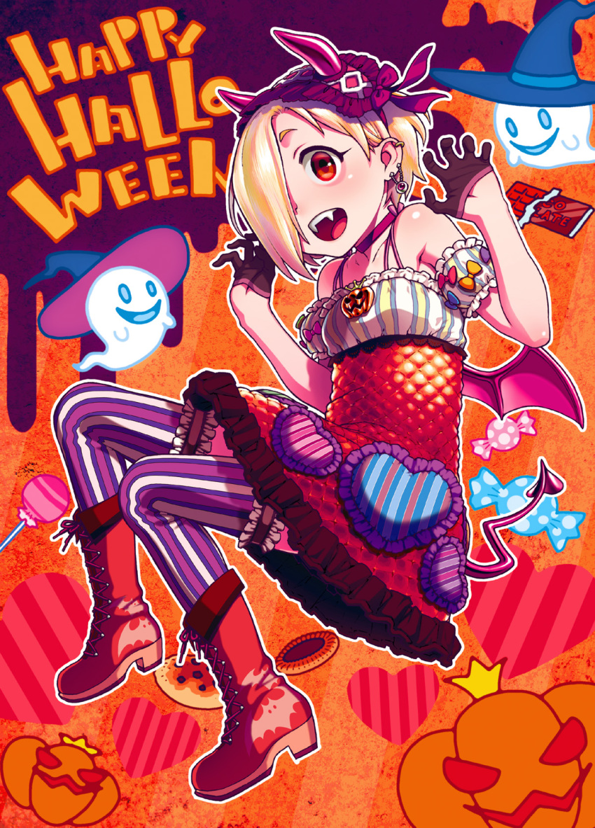 1girl bare_shoulders blonde_hair boots candy choker claw_pose commentary_request costume demon_horns demon_tail demon_wings detached_sleeves dress ear_piercing earrings fangs food frilled_hairband frills full_body ghost gloves hair_over_one_eye hairband half_gloves halloween halloween_costume happy_halloween hat heart highres hijiri_rei horns idolmaster idolmaster_cinderella_girls jack-o'-lantern jewelry lollipop open_mouth piercing puffy_short_sleeves puffy_sleeves pumpkin red_eyes shirasaka_koume short_hair short_sleeves sleeveless sleeveless_dress smile striped striped_legwear tail thigh-highs vertical-striped_legwear vertical_stripes wings witch_hat