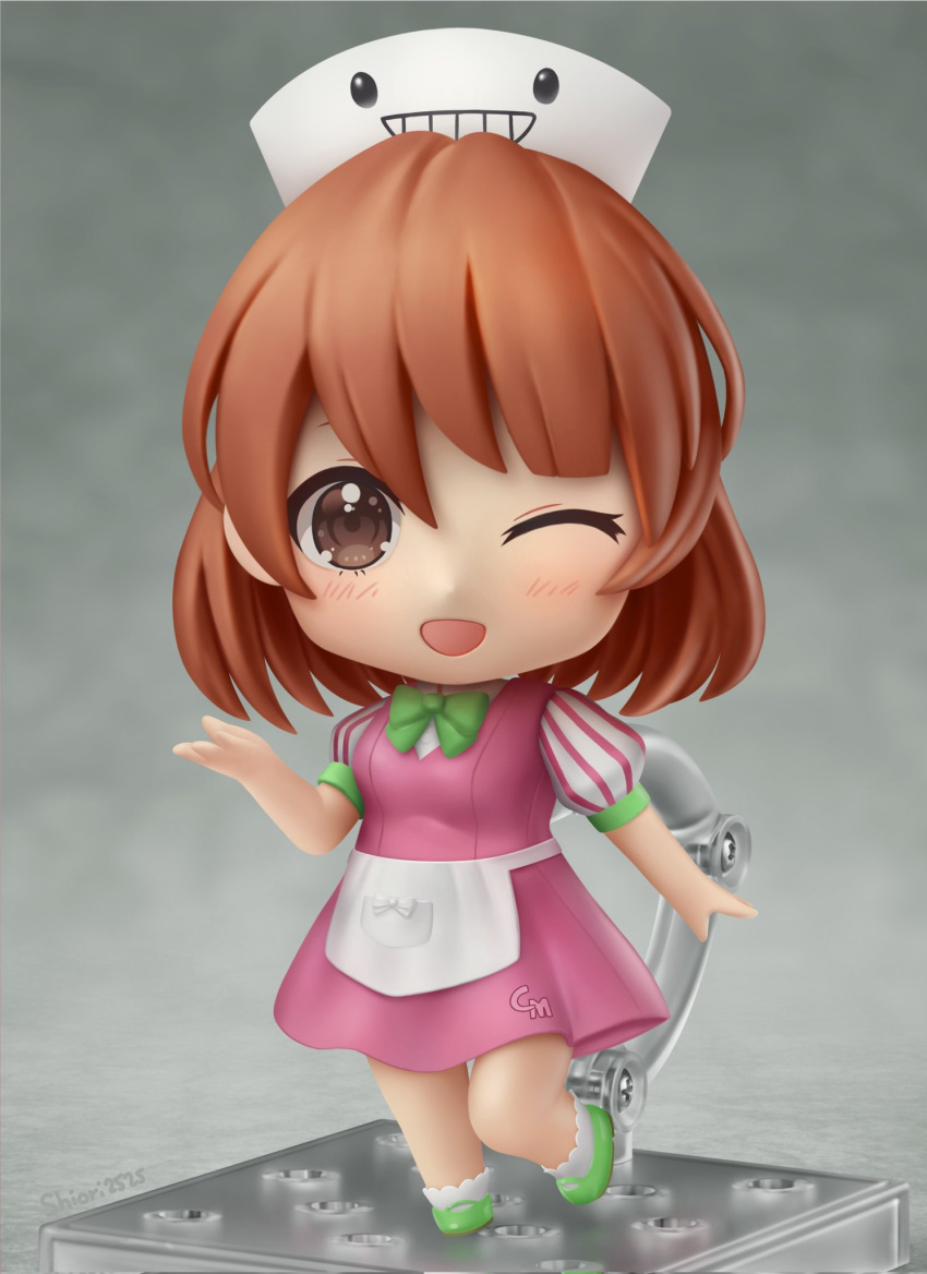 1girl artist_name blush bow brown_eyes brown_hair commission faux_figurine green_bow green_footwear highres nendoroid one_eye_closed open_mouth original second-party_source shiori2525 short_hair short_sleeves smile solo