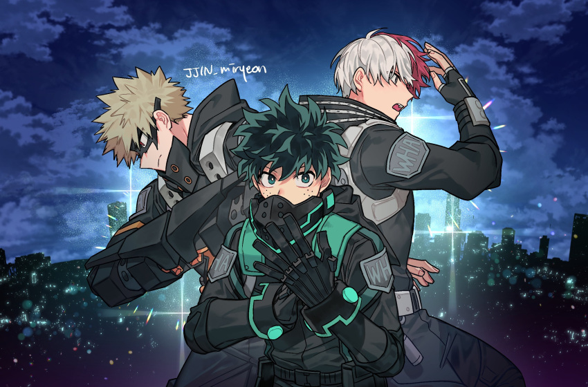 3boys bakugou_katsuki black_bodysuit black_gloves blonde_hair bodysuit boku_no_hero_academia cityscape closed_mouth clouds commentary_request covered_mouth eye_mask freckles frown gloves green_eyes green_hair hand_up highres korean_commentary looking_at_viewer male_focus midoriya_izuku misa_(jjin_miryeon) multicolored_hair multiple_boys night open_mouth red_eyes redhead short_hair signature spiky_hair split-color_hair standing todoroki_shouto twitter_username two-tone_hair white_hair