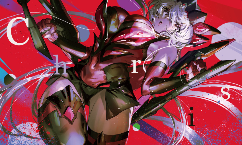 1girl bangs black_legwear breasts covered_navel dual_wielding eyebrows_behind_hair floating_hair grey_hair gun highres holding holding_gun holding_weapon large_breasts leaning_back long_hair low_twintails parted_lips red_background senki_zesshou_symphogear single_leg_pantyhose single_thighhigh solo thigh-highs thundergotch twintails very_long_hair violet_eyes weapon yukine_chris