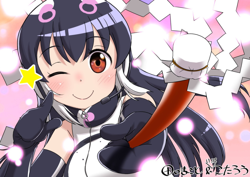 1girl african_penguin_(kemono_friends) animal_costume black_gloves black_hair closed_mouth gloves headphones highres kemono_friends kemono_friends_v_project long_hair looking_at_viewer multicolored_hair one_eye_closed penguin_costume shirt smile solo straight_hair taguchi_makoto virtual_youtuber white_shirt