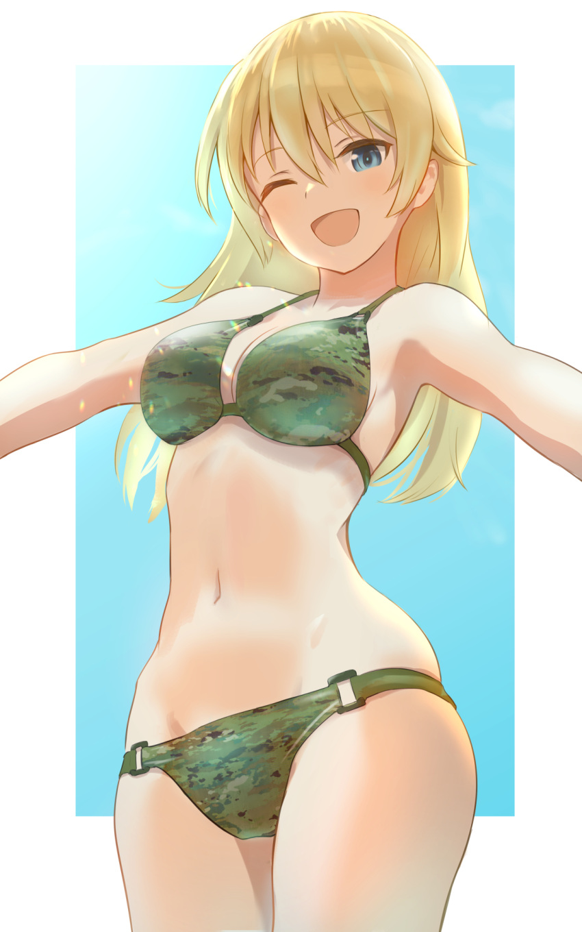 1girl bikini blue_eyes border breasts camouflage camouflage_bikini character_request copyright_request groin hair_between_eyes highres light_blush long_hair looking_at_viewer medium_breasts motsunukisuki navel one_eye_closed outstretched_arms skindentation smile solo spread_arms swimsuit thighs wet white_border