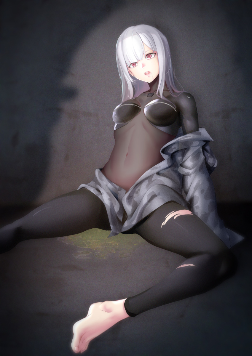 1girl 2412743167 absurdres ak-12_(faint_light_of_furthest_day)_(girls'_frontline) ak-12_(girls'_frontline) arm_behind_back bangs barefoot black_bodysuit black_pants bodysuit breasts camouflage camouflage_jacket collarbone corpse covered_navel eyebrows_visible_through_hair girls_frontline hand_on_floor highres hood hooded_jacket jacket jacket_pull leggings long_hair long_sleeves looking_at_viewer medium_breasts no_shoes official_alternate_costume on_floor open_clothes open_jacket open_mouth pants parted_lips peeing saliva simple_background solo spread_legs tears teeth torn_clothes torn_pants upper_teeth violet_eyes white_hair