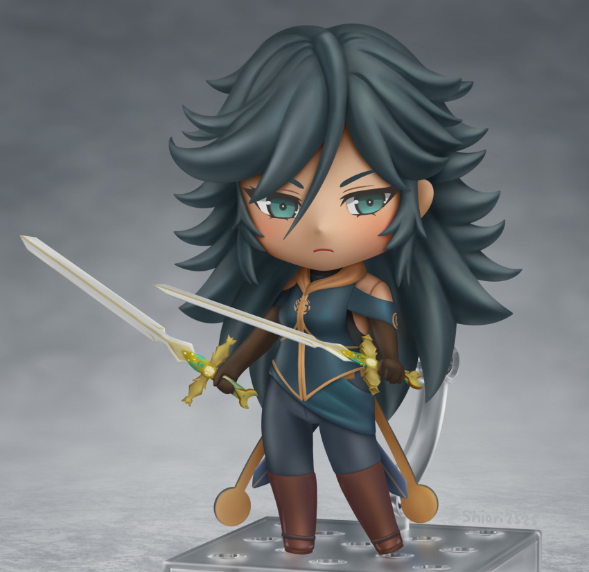 1girl black_gloves black_hair boots brown_footwear character_request chibi closed_mouth commission copyright_request dual_wielding elbow_gloves faux_figurine full_body gloves green_eyes hair_between_eyes highres holding holding_sword holding_weapon knee_boots long_hair looking_at_viewer nendoroid second-party_source shiori2525 solo spiky_hair sword tan weapon