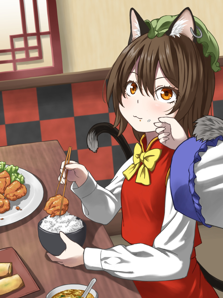 2girls :3 animal_ears ater9 brown_eyes brown_hair cat_ears cat_girl cat_tail checkered_wall chen chopsticks eating eyebrows eyebrows_visible_through_hair food food_on_face green_headwear hat highres holding holding_chopsticks multiple_girls rice table tail touhou yakumo_ran