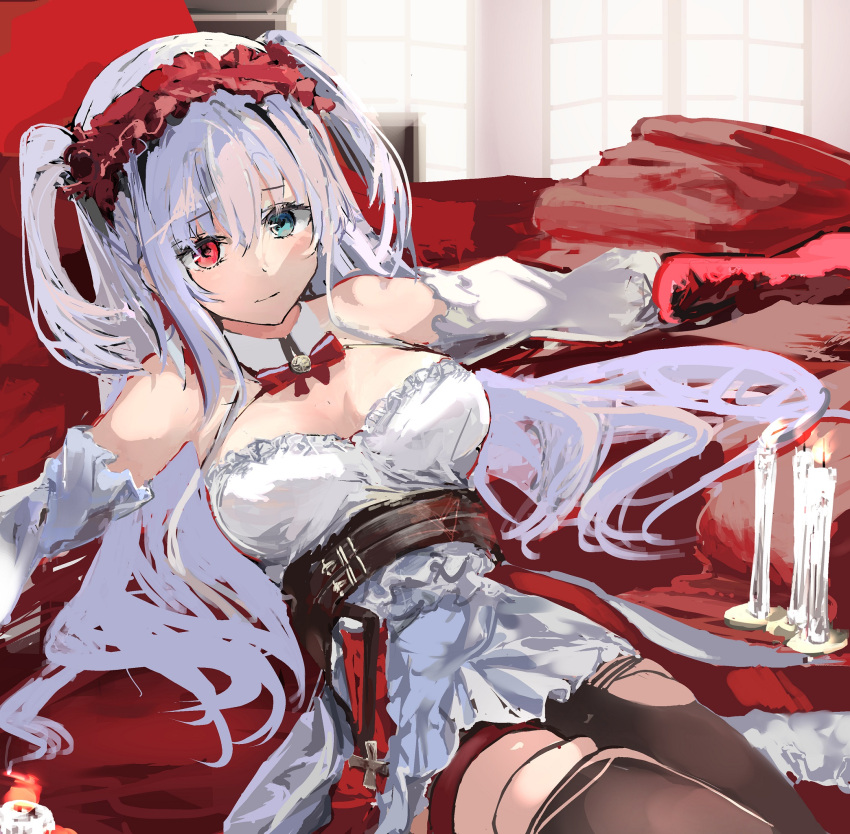 1girl azur_lane bangs belt black_legwear blue_eyes bow bowtie breasts candle closed_mouth dress elbing_(azur_lane) elbing_(the_throne_of_misfortune)_(azur_lane) eyebrows_visible_through_hair feet_out_of_frame hair_ornament heterochromia highres hinaname long_hair looking_at_viewer lying medium_breasts official_alternate_costume on_bed pantyhose red_bow red_bowtie red_eyes solo torn_clothes torn_legwear twintails white_dress white_hair