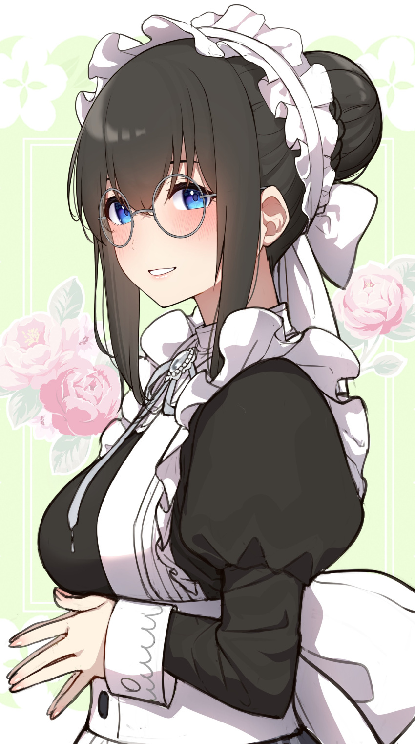 1girl :d absurdres alternate_costume aqua_eyes bespectacled black_hair blush breasts dress enmaided fingers_together floral_background glasses go-1 hair_bun highres idolmaster idolmaster_cinderella_girls juliet_sleeves large_breasts long_sleeves looking_at_viewer maid maid_headdress own_hands_together pinafore_dress puffy_sleeves sagisawa_fumika simple_background smile solo upper_body white_background wrist_cuffs