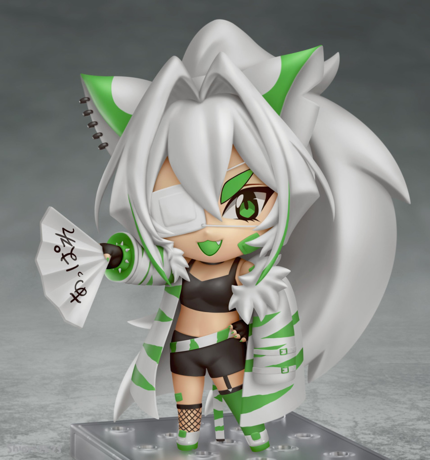 1girl animal_ears artist_name asymmetrical_legwear black_gloves black_shorts character_request chibi colored_tongue commission copyright_request crop_top eyepatch fang faux_figurine fingerless_gloves fishnet_legwear fishnets full_body garter_straps gloves green_eyes green_legwear green_tongue hair_intakes hand_fan highres holding holding_fan kneehighs long_hair mismatched_legwear nendoroid open_mouth ponytail second-party_source shiori2525 shorts single_kneehigh single_thighhigh smile solo thigh-highs translation_request very_long_hair white_hair