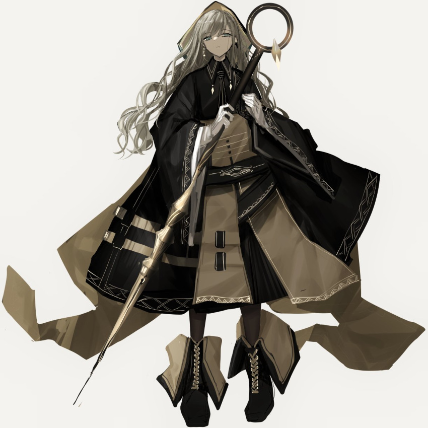 1girl black_coat black_footwear black_necktie closed_mouth coat collared_coat fold-over_boots green_eyes grey_hair highres holding holding_staff long_hair long_sleeves looking_at_viewer narue necktie original simple_background solo staff white_background wide_sleeves wing_collar