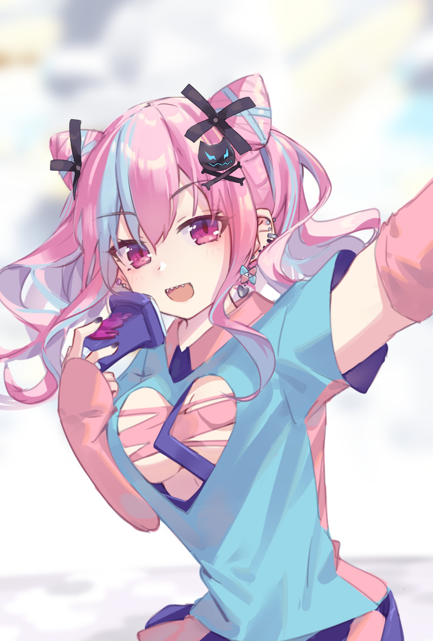 1girl blue_hair breast_cutout curly_hair double_bun earrings hair_cones hair_ornament highres jewelry mo_(pixiv9929995) ou-sama_no_propose pink_eyes pink_hair selfie tokishima_kurara torn_clothes twintails x_hair_ornament