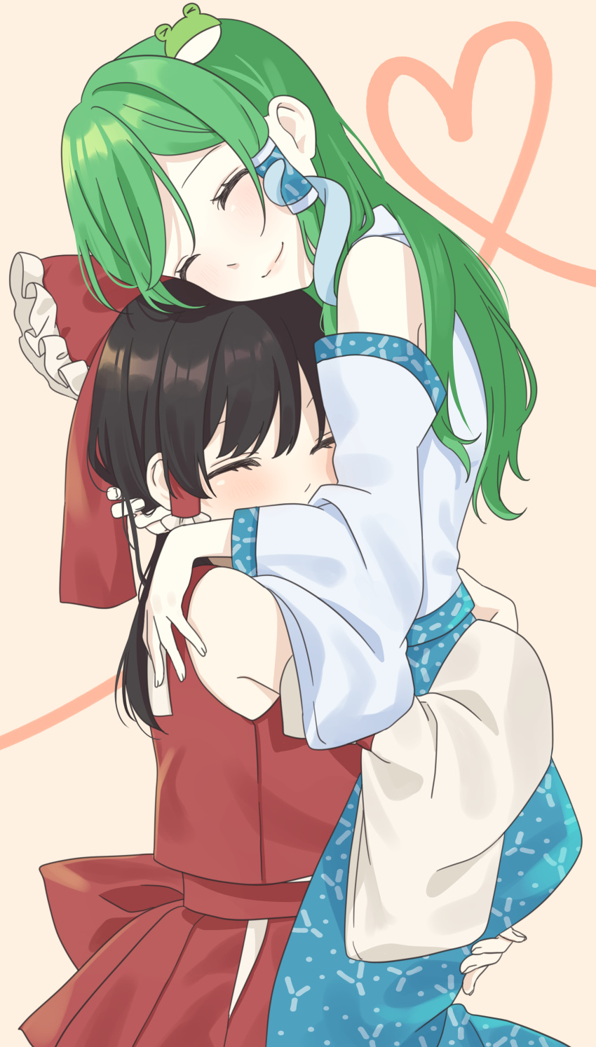 2girls absurdres arms_up back_bow bangs bare_shoulders black_hair blue_skirt blush bow closed_eyes closed_mouth collared_shirt commentary_request covered_mouth detached_sleeves eyebrows_visible_through_hair fingernails frills frog_hair_ornament green_hair hair_between_eyes hair_ornament hair_tubes hakurei_reimu hands_up heart heart_of_string highres hug kochiya_sanae long_fingernails long_hair long_sleeves multiple_girls orange_background red_bow red_shirt red_skirt shirt simple_background sitting sitting_on_person skirt smile snake_hair_ornament standing touhou tunokiti white_shirt wide_sleeves yuri