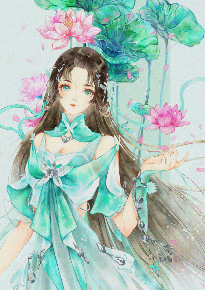 1girl absurdres baiguio_(zhu_xian) bi_yao_zhuye brown_hair dress flower green_background green_dress green_eyes hair_ornament highres long_hair looking_at_viewer lotus ribbon smile solo upper_body zhu_xian