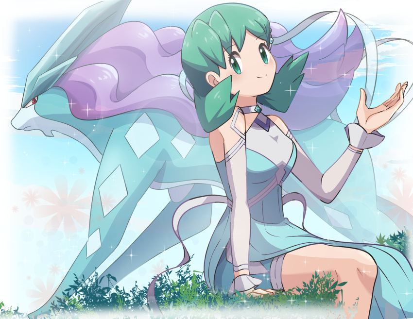 1girl arm_support bangs blush choker closed_mouth commentary_request detached_sleeves dress eyebrows_visible_through_hair eyelashes flipped_hair green_dress green_eyes green_hair hand_up highres knees kris_(pokemon) official_alternate_costume pokemon pokemon_(creature) pokemon_(game) pokemon_masters_ex saon101 sitting smile sparkle suicune twintails