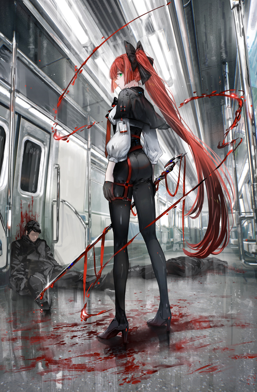 1boy 1girl absurdres ass bangs black_bow black_gloves blood blood_on_weapon bow braid clothing_request gloves green_eyes hair_bow high_heels highres holding holding_weapon long_hair long_sleeves looking_at_viewer nanaponi necktie orange_hair original red_necktie shirt solo standing train_interior very_long_hair weapon white_shirt