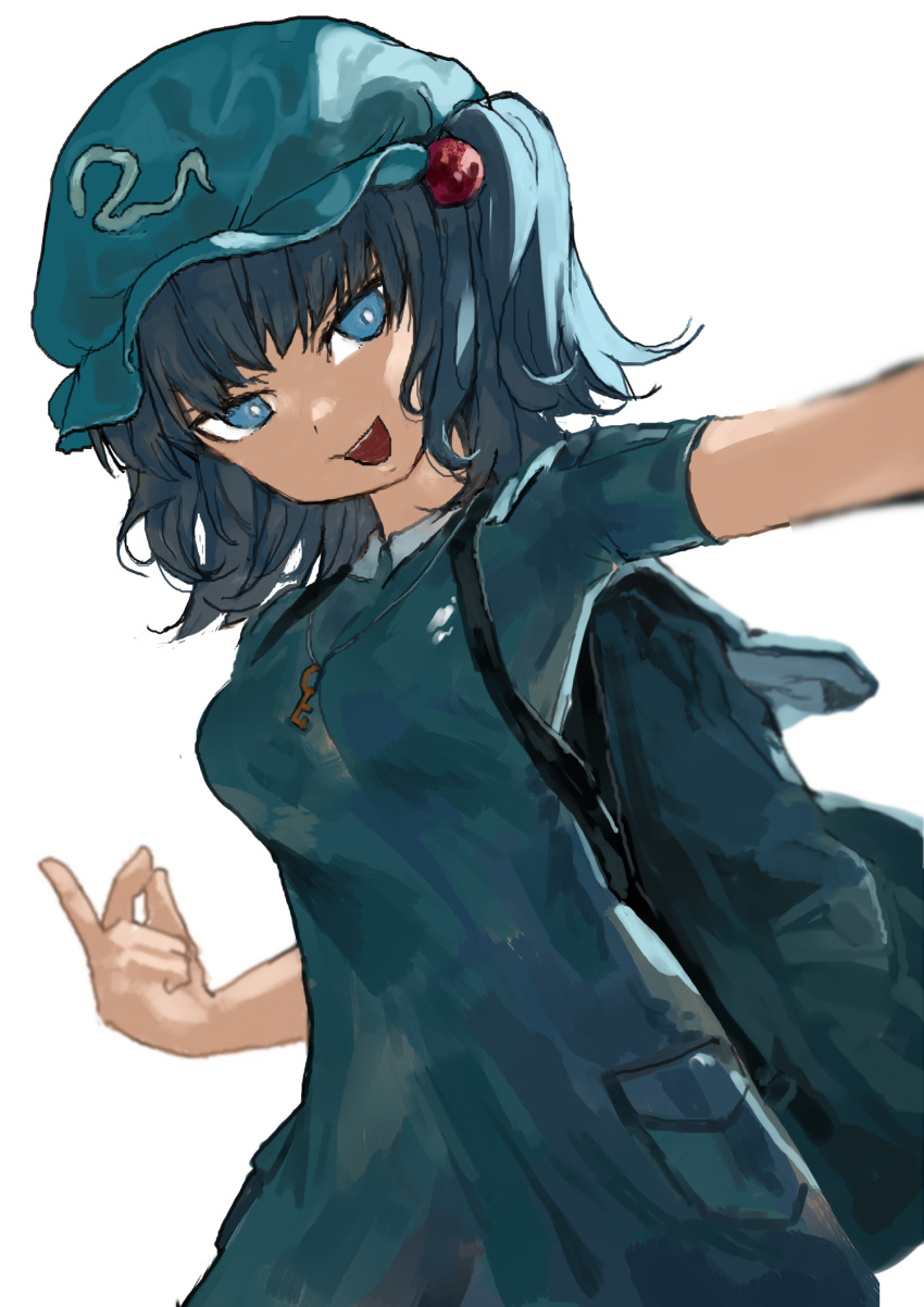 1girl :d backpack bag blue_dress blue_eyes blue_hair blue_headwear breasts dress hat highres jewelry kawashiro_nitori key_necklace looking_at_viewer medium_breasts middle_finger necklace okbnkn open_mouth selfie simple_background smile solo standing touhou two_side_up white_background