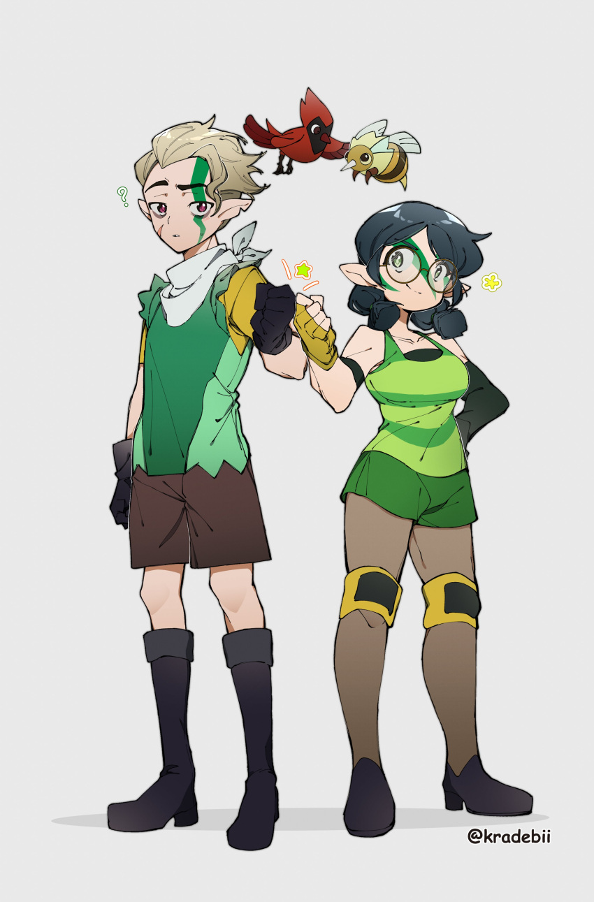 1boy 1girl absurdres bird black_hair blonde_hair boots clover_(the_owl_house) fist_bump flapjack_(the_owl_house) glasses highres hunter_(the_owl_house) knee_boots knee_pads kradebii legwear_under_shorts pointy_ears scarf short_shorts shorts simple_background smile tank_top the_owl_house white_background willow_park
