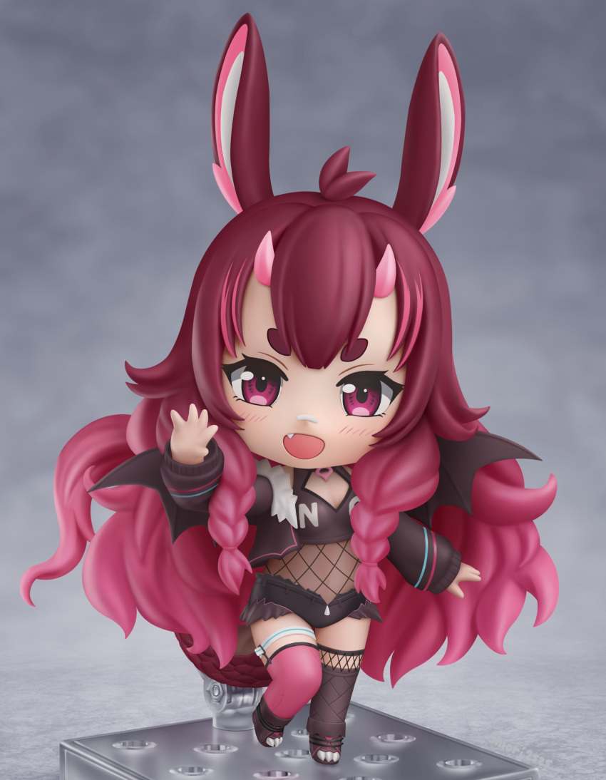 1girl absurdres animal_ears asymmetrical_legwear bat_wings black_shorts character_request chibi fang faux_figurine fishnet_legwear fishnets full_body highres horns indie_virtual_youtuber long_hair looking_at_viewer micro_shorts mismatched_legwear multicolored_hair nendoroid open_mouth pink_hair pink_legwear red_eyes redhead second-party_source shiori2525 shorts smile solo thigh-highs unzipped virtual_youtuber wings