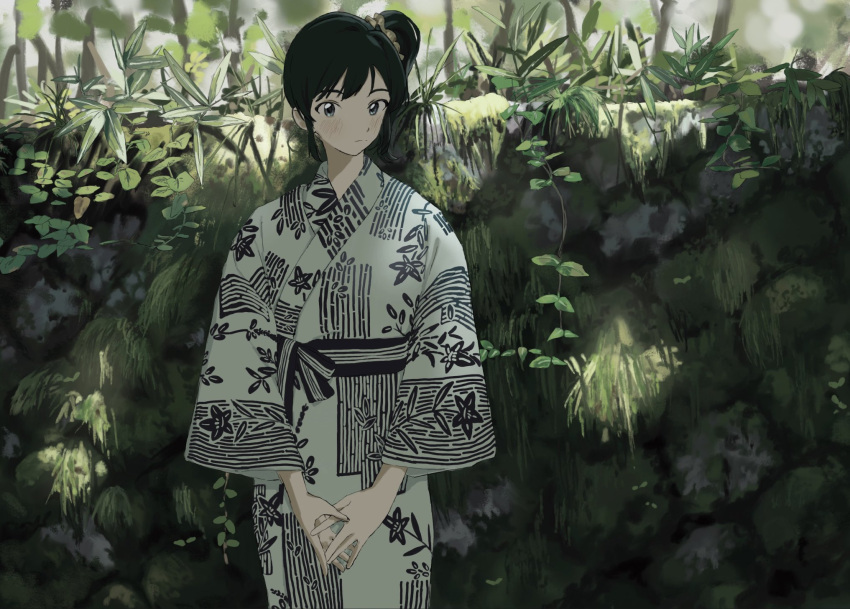 1girl all_day_long black_hair blush expressionless hair_ornament hair_scrunchie highres japanese_clothes kimono looking_at_viewer original own_hands_together plant print_kimono scrunchie shade side_ponytail solo stone_wall sunlight two-tone_kimono wall